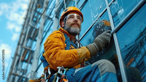  A High Altitude Window Cleaner Working on the Exterior of a Skyscraper, Secured with Ropes and Harnesses