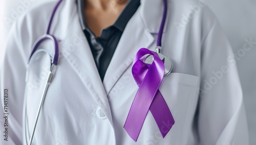 A doctor wearing a white coat with a purple ribbon. Generative AI