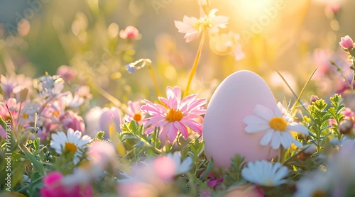 a pink egg sitting in a field of flowers