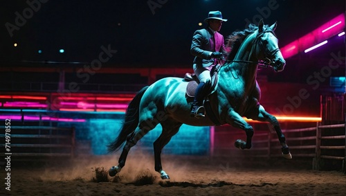 Riding girl on a horse in the arena at night with red light