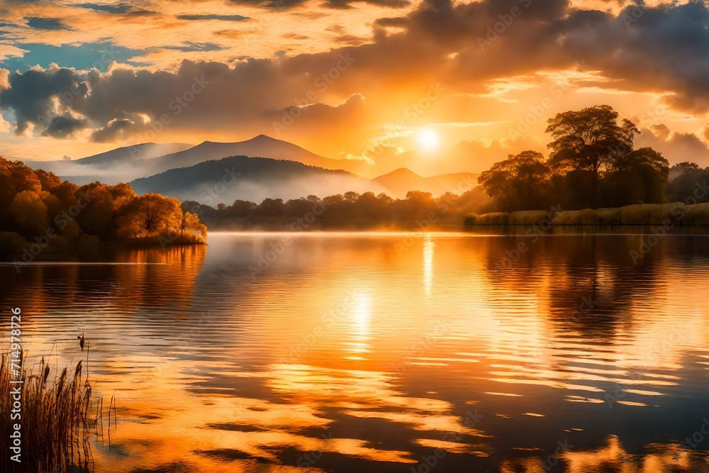 Fototapeta premium sunset over the lake