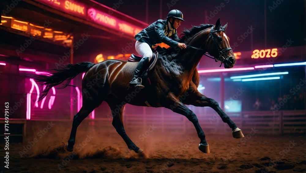 Jockey riding a horse in the arena at night. Equestrian sport