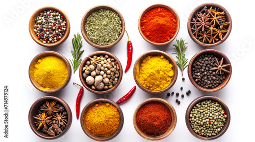 Vibrant array of spices in bowls, isolated on white. Perfect for culinary themes, food blogs, and recipe backdrops.