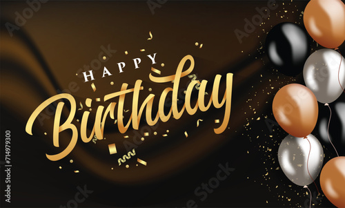 happy birthday horizontal illustration with 3d realistic golden and silver air balloon on white background with text and glitter confetti