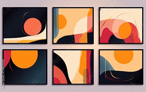 abstract background of art illustration framed in minimalism style swirl free form curve and line set on wall, six frames, mockup idea, Generative Ai
