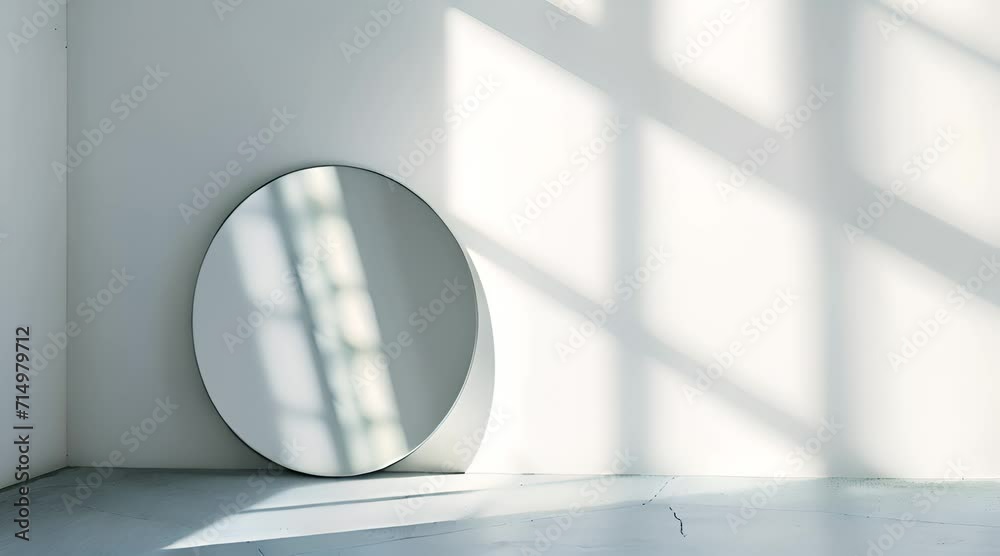 a round mirror on a wall in a room