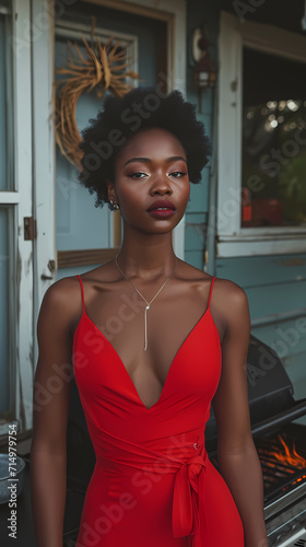 woman in a red dress