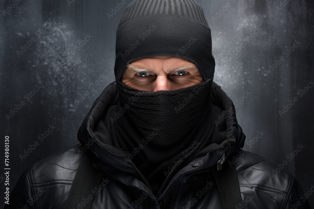 a serious mature man in a black balaclava. the villain, the robber, the thief, covered his face with a mask with an eye slit. portrait close-up, dark background. a serious mature man in a black balaclava. the villain, the robber, the thief, covered his face with a mask with an eye slit. portrait close-up, dark background.