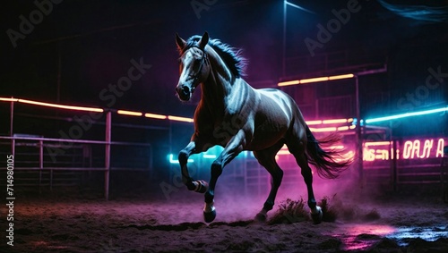 Horse galloping in arena at night with fog and backlight photo
