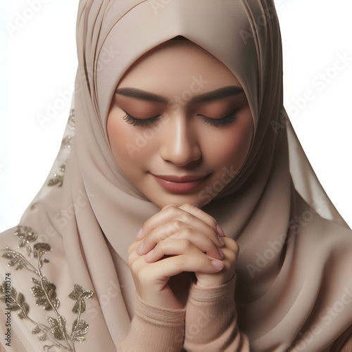 a muslim woman is praying on a white background