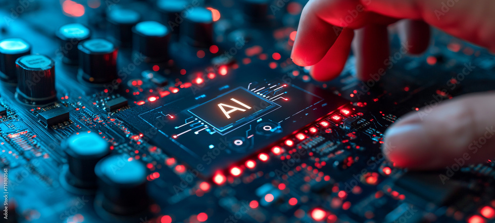 Digital technology AI : Electronic circuit boards and "AI" CPU encapsulate the essence of computer hardware, microchips, and electronic engineering - obrazy, fototapety, plakaty 