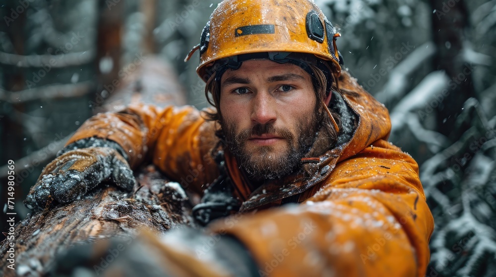 A Logger Felling a Large Tree in a Dense Forest, Wearing Safety Gear and Using a Chainsaw A Logger Felling a Large Tree in a Dense Forest, Wearing Safety Gear and Using a Chainsaw