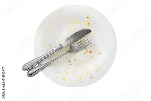 Photography Empty dirty food plate with knife and fork isolated, table top view
