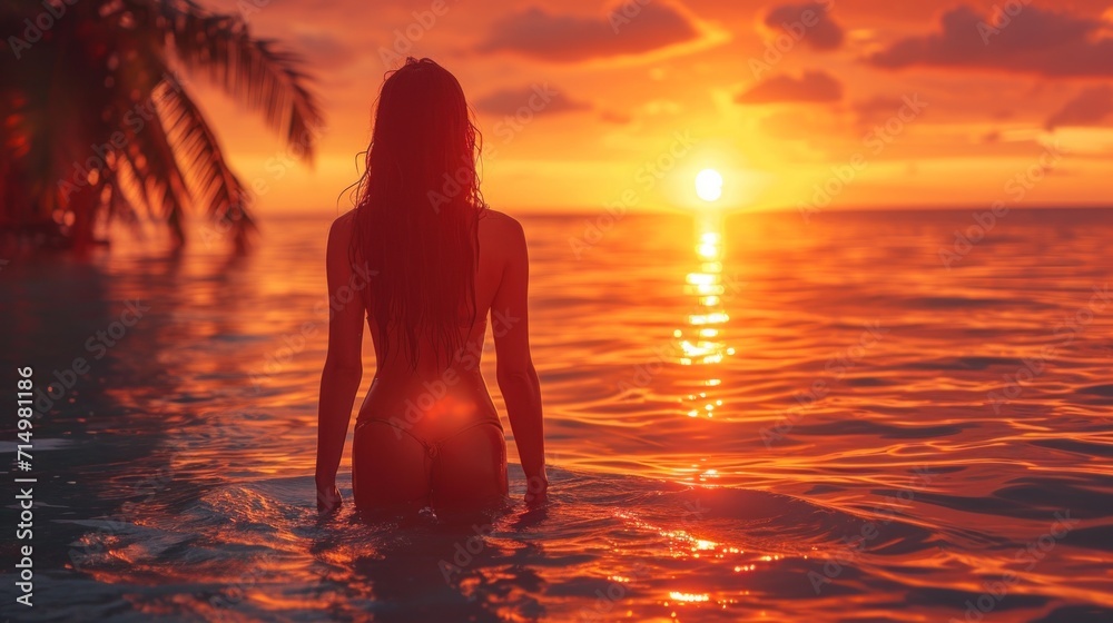 Silhouette of girl at beach dancing in water against sunrise background, beautiful sunrise color pallete, bokeh, palm trees