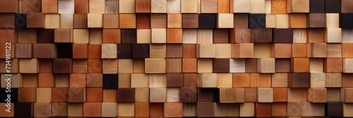 wooden wall background in the style of cubist fragmented reality, carved painted wood blocks. different shades and types of wood. banner.