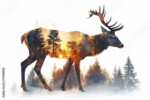 Stunning double exposure of deer silhouette with forest sunset scene, perfect for creative projects. © Tirawat