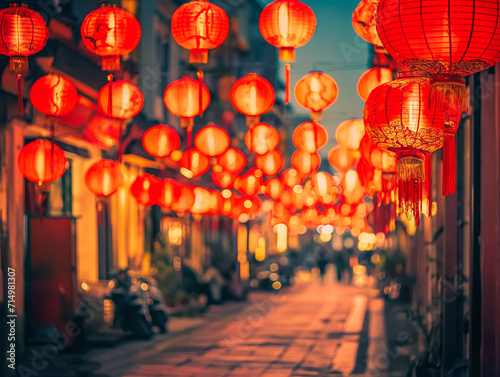 Radiant Streets: Celebrating Chinese New Year with 'Streets Lined with Red Lanterns. generative AI