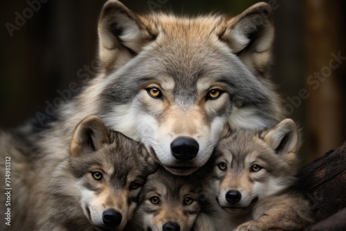 gray mother wolf with her cubs, litter cozy cuddles together in her burrow. wildlife, motherhood in animals. brood.