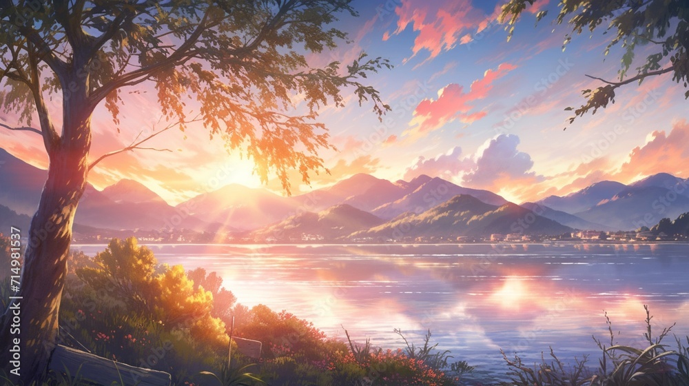 An ultra-realistic depiction of a serene lakeside view, with crystal-clear waters reflecting the surrounding mountains, lush greenery, and a vibrant sunset, Niji art style - Generative AI