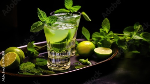 Cocktail with mint and lime into a glass, close-up, dark background with copy space.