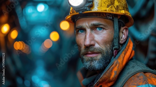 A Miner with a Hard Hat and Headlamp in a Dark Coal Mine, Operating Heavy Machinery © Pandora Designs