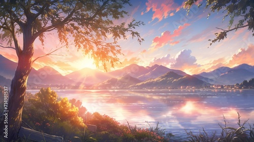 An ultra-realistic depiction of a serene lakeside view  with crystal-clear waters reflecting the surrounding mountains  lush greenery  and a vibrant sunset  Niji art style - Generative AI