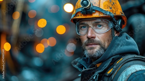 A Miner with a Hard Hat and Headlamp in a Dark Coal Mine, Operating Heavy Machinery