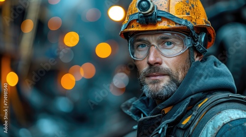 A Miner with a Hard Hat and Headlamp in a Dark Coal Mine, Operating Heavy Machinery photo
