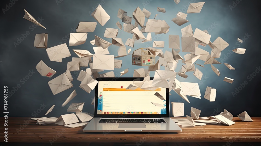 email clutter and spam concept with envelopes fliying above laptop computer - obrazy, fototapety, plakaty 