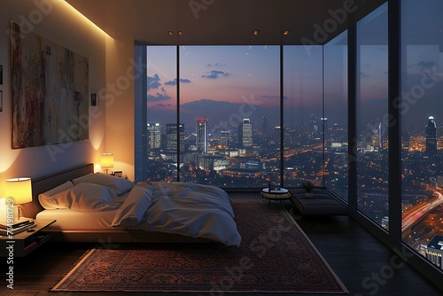 A luxurious bedroom with a large window and a city view Generative AI © Bipul Kumar