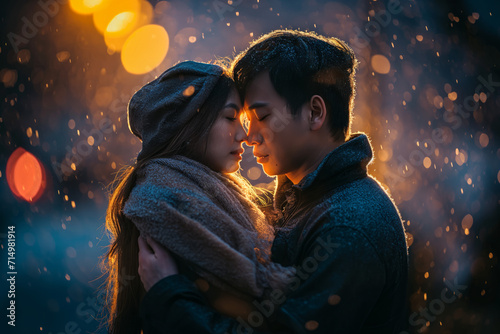 Tender Embrace Between Couple with City Lights