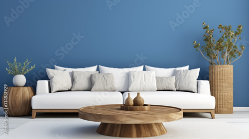 Modern Living Room with Blue Wall and Rustic Accents © Anna