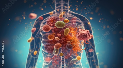Illustration showcasing the microbiome residing within the digestive system and on the outer surface of the body. photo