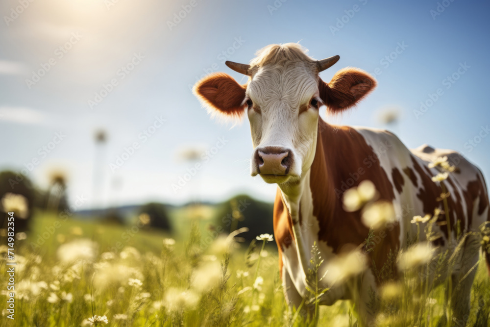 cow in sunny grass field, in the style of pet care. nature-inspired imagery. cow is walking around in a field, sunrays shine upon it. cattle, farming, pasture.