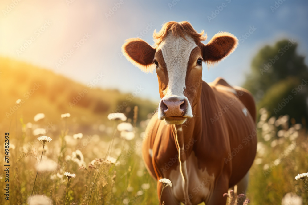 red  cow in sunny grass field, in the style of pet care. nature-inspired imagery. cow is walking around in a field, sunrays shine upon it. cattle, farming, pasture.