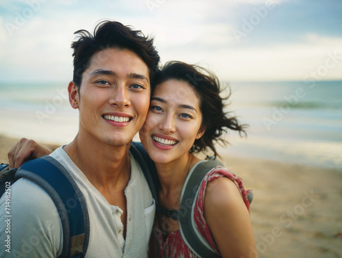 Portrait of happy couple of young man and woman standing at the beach looking at camera and smiling.