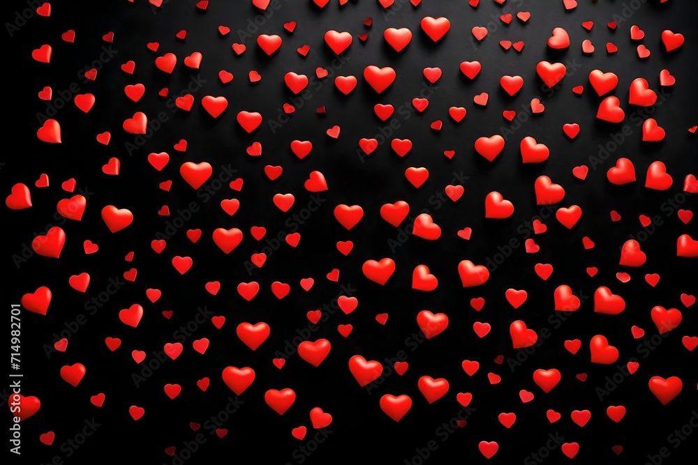 Lots of little red hearts on black background. romantic love background for birthday, party, wedding