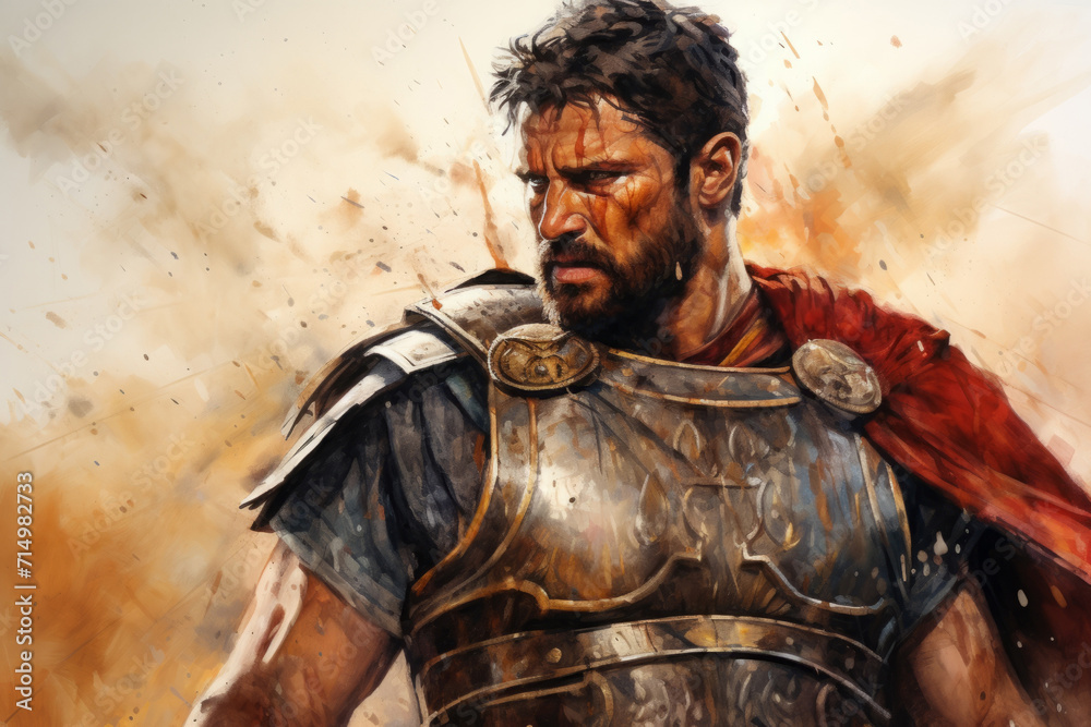 hand-drawn sketch, Gladiator. knight in armor. intense close-ups. The man is a warrior. portrait.