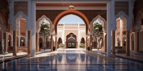 3D design concept for the main entrance of an Islamic boarding school  incorporating ornate arches and Islamic geometric patterns