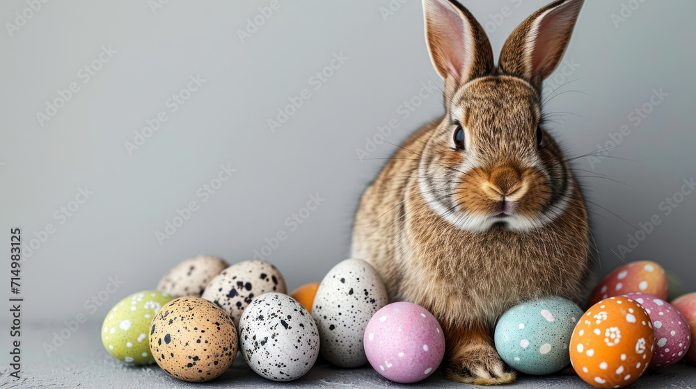 Adorable brown rabbit with perky ears sitting beside a colorful collection of speckled Easter eggs on a subtle grey backdrop, symbolizing Easter celebrations Adorable brown rabbit with perky ears sitting beside a colorful collection of speckled Easter eggs on a subtle grey backdrop, symbolizing Easter celebrations
