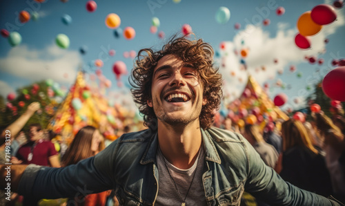 Foto Joyful young man with curly hair celebrating at a festival, arms outstretched, s