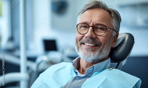 Confident mature man with a charming smile relaxing in a modern dental clinic chair, portraying dental care and healthy lifestyle for seniors photo