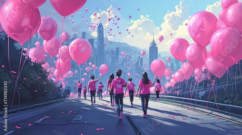 A group of people walking down a street with pink balloons in the air Generative AI photo