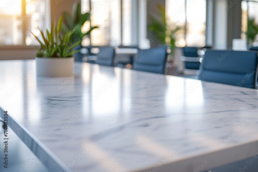 Close up of white table with items in modern conference room. Blurry interior background