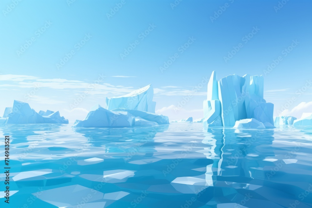 antarctic, blue iceberg floating in the ocean. blocks of ice in the water. cold winter landscape, banner. simplistic cartoon style.