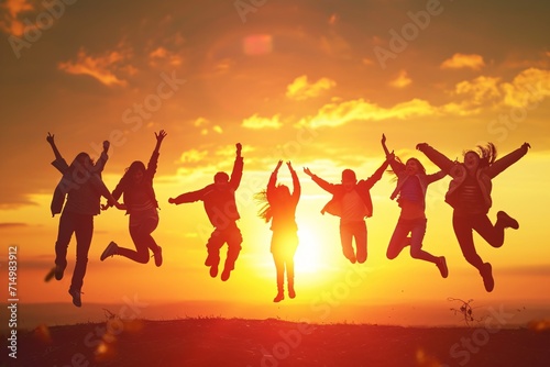 A group of people jumping in the air with their arms outstretched, celebrating a sunset Generative AI