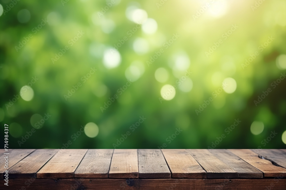 Wood table top or terrace with wooden planks on green blurred background with copyspace Wood table top or terrace with wooden planks on green blurred background with copyspace