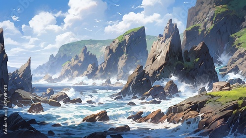 An ultra-realistic coastal vista with crashing waves, intricate rock formations, and a dramatic sky, capturing the raw power and beauty of the ocean meeting the land, Niji art style - Generative AI