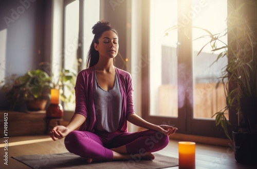 Serenity in practice: A woman meditates in a calm, sunlight-filled room, embodying peace and wellness. Perfect for health and mindfulness themes.
