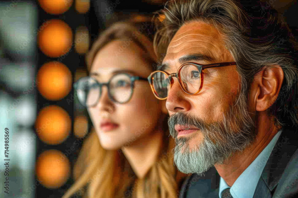 Portrait of a handsome mature man with glasses and a beautiful woman Portrait of a handsome mature man with glasses and a beautiful woman